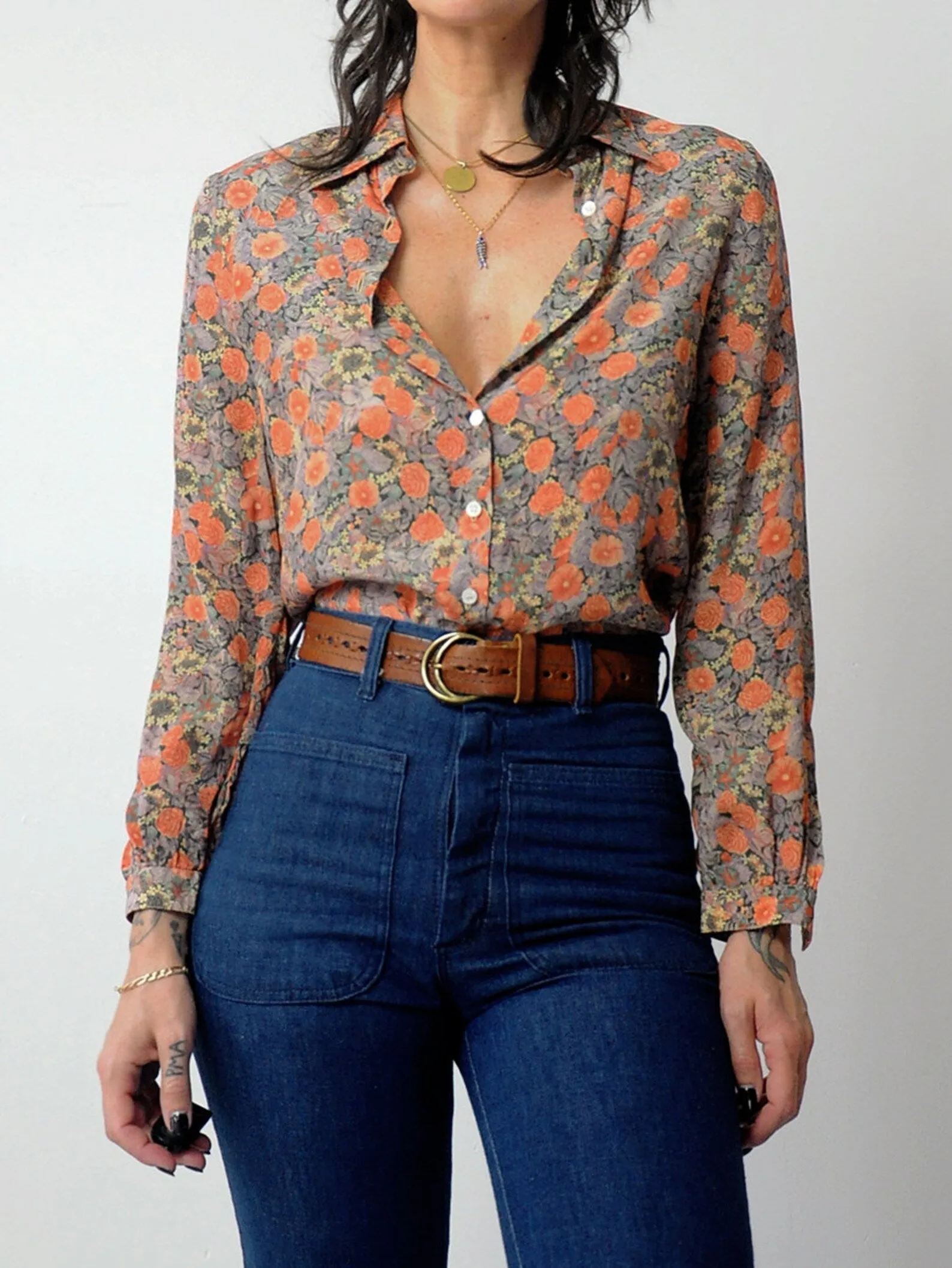 1970's French Floral Silk Blouse