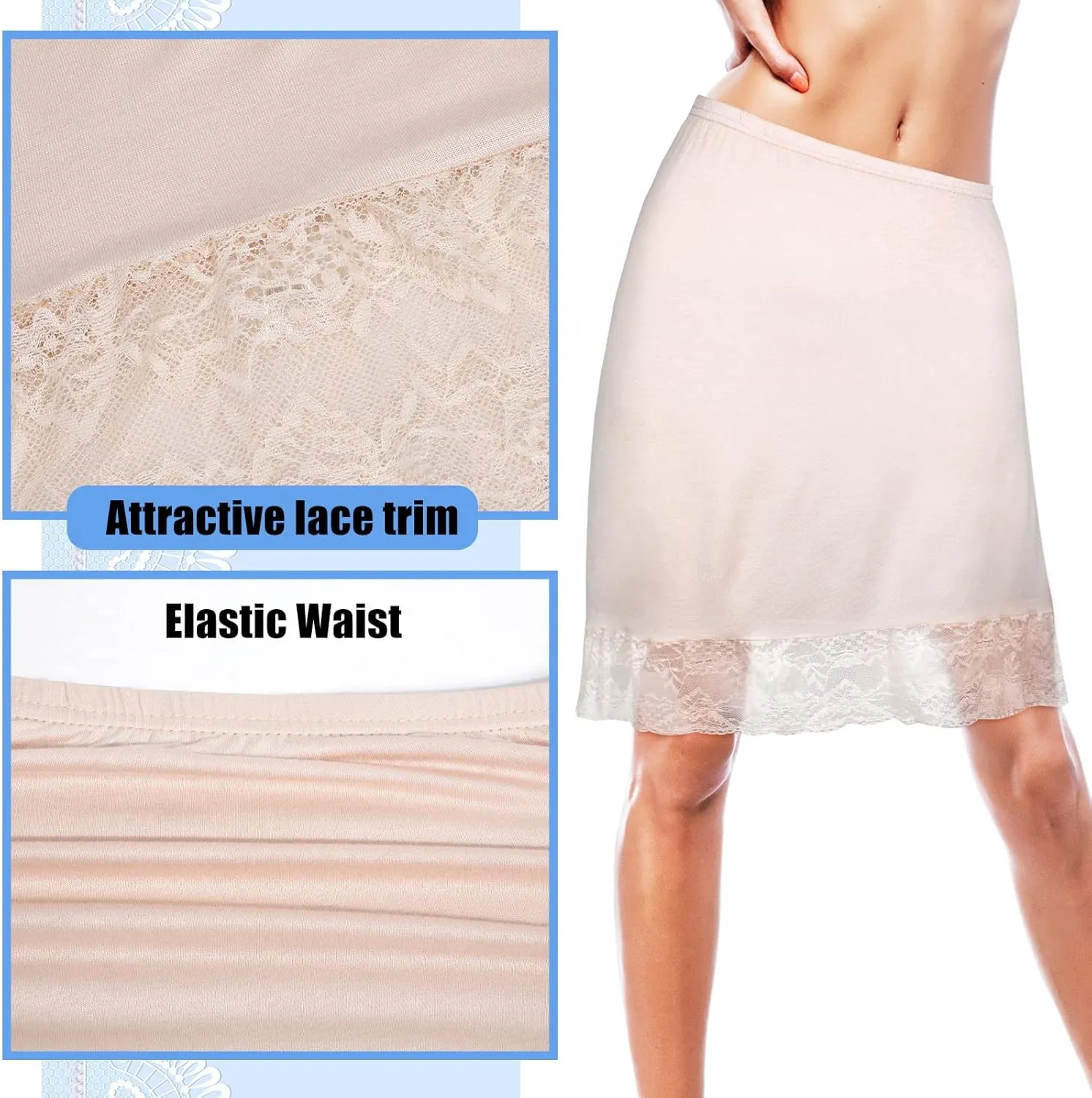 3 Pieces Half Slips for Under Dresses Lace Half Slip Dress for Women with Short Lace Trim Above Knee Adjustable Underskirt