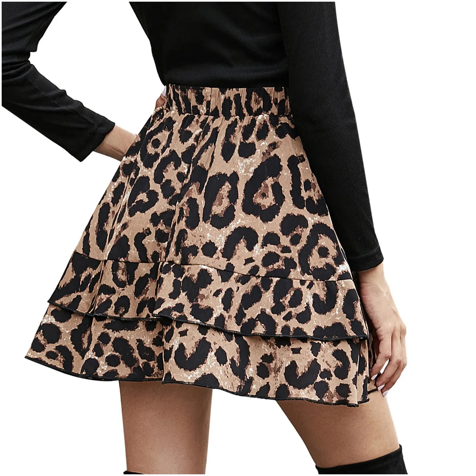 40# Women Leopard Skirts Print Drape Vintage Ruffles High Waist Elastic Band Mini Skirt Leisure Retro Bud Short Skirt Jupe Femme