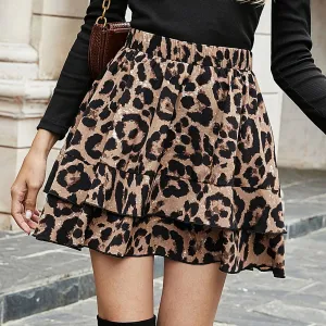 40# Women Leopard Skirts Print Drape Vintage Ruffles High Waist Elastic Band Mini Skirt Leisure Retro Bud Short Skirt Jupe Femme