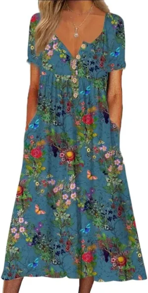 Akivide Women's Summer Boho Floral Printed Maxi Dresses Short Sleeve V Neck Loose Casual Dress with Pockets
