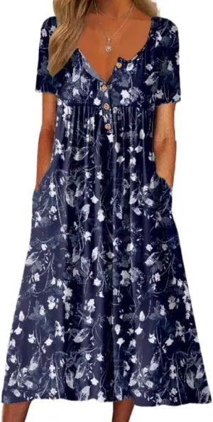 Akivide Women's Summer Boho Floral Printed Maxi Dresses Short Sleeve V Neck Loose Casual Dress with Pockets