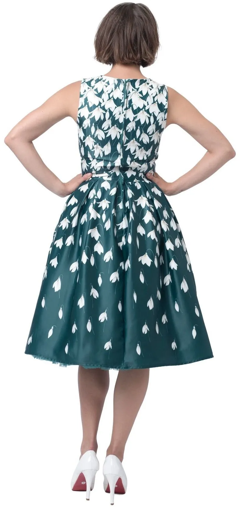 Annie Retro Flared Dress in Myrtle Green with Snowdrop Tulip Print
