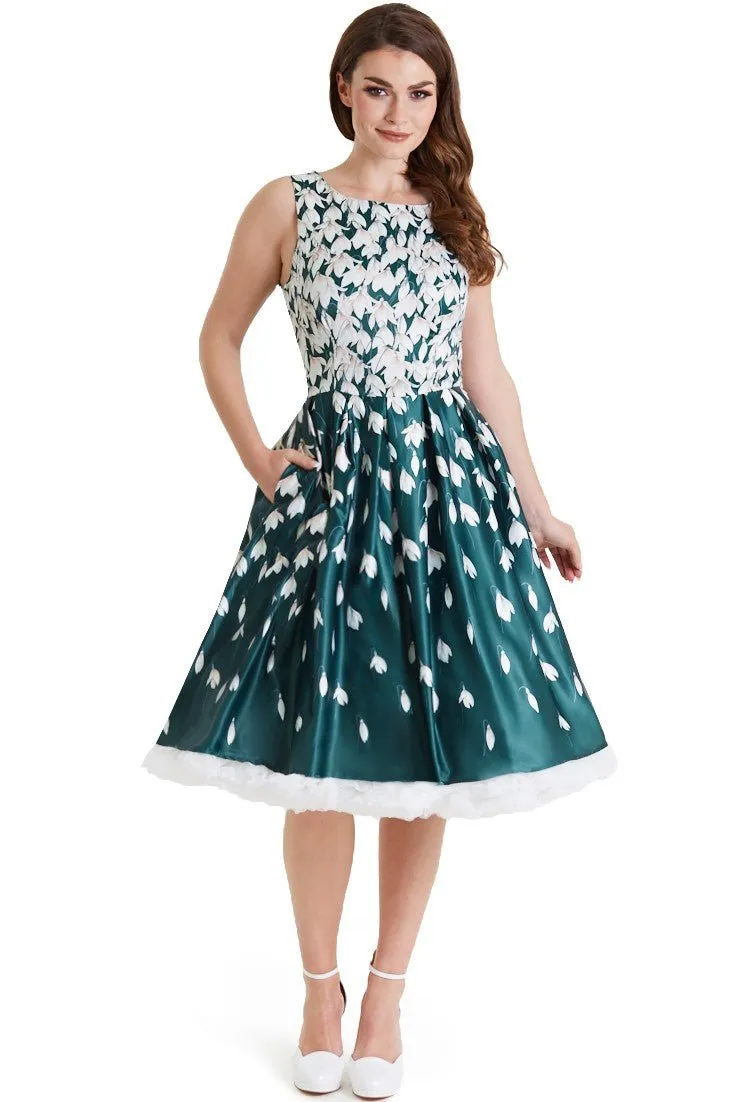 Annie Retro Flared Dress in Myrtle Green with Snowdrop Tulip Print