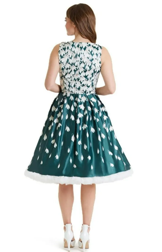 Annie Retro Flared Dress in Myrtle Green with Snowdrop Tulip Print
