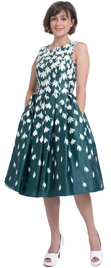 Annie Retro Flared Dress in Myrtle Green with Snowdrop Tulip Print