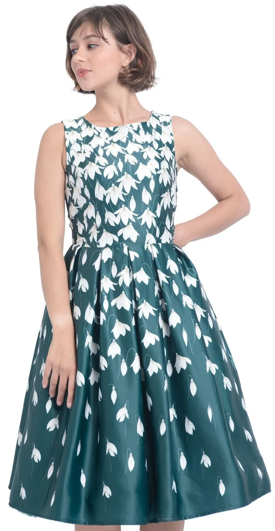 Annie Retro Flared Dress in Myrtle Green with Snowdrop Tulip Print