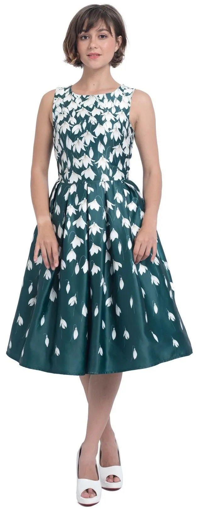 Annie Retro Flared Dress in Myrtle Green with Snowdrop Tulip Print
