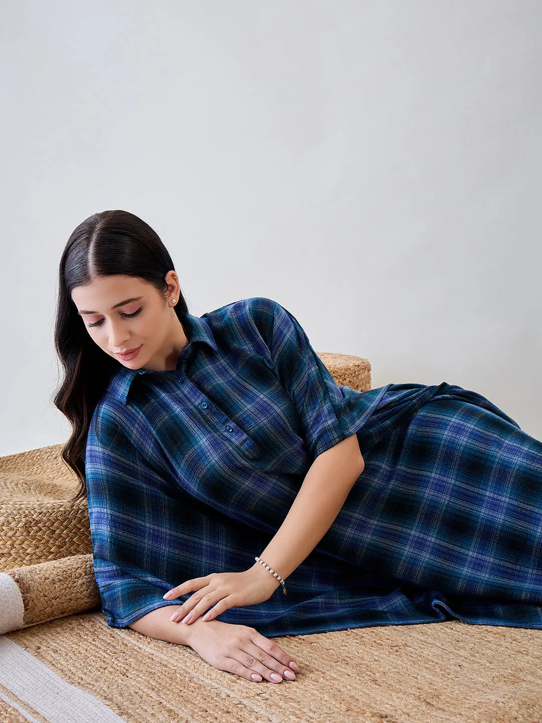 Black and Blue Checkered Cotton Sleep Shirt