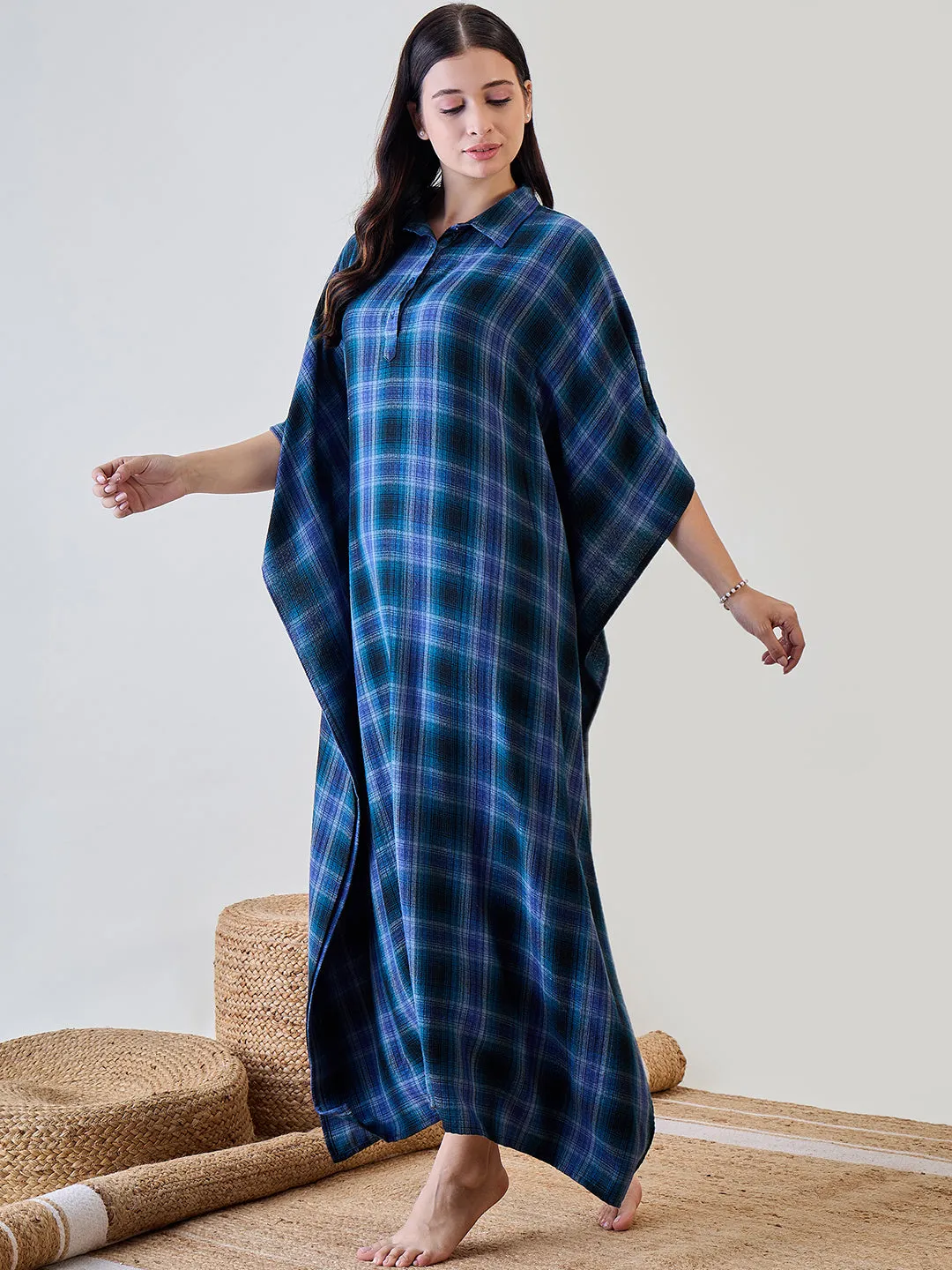 Black and Blue Checkered Cotton Sleep Shirt