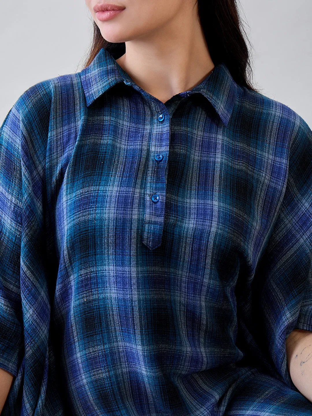 Black and Blue Checkered Cotton Sleep Shirt