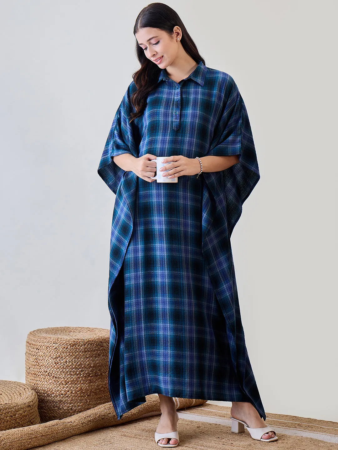 Black and Blue Checkered Cotton Sleep Shirt