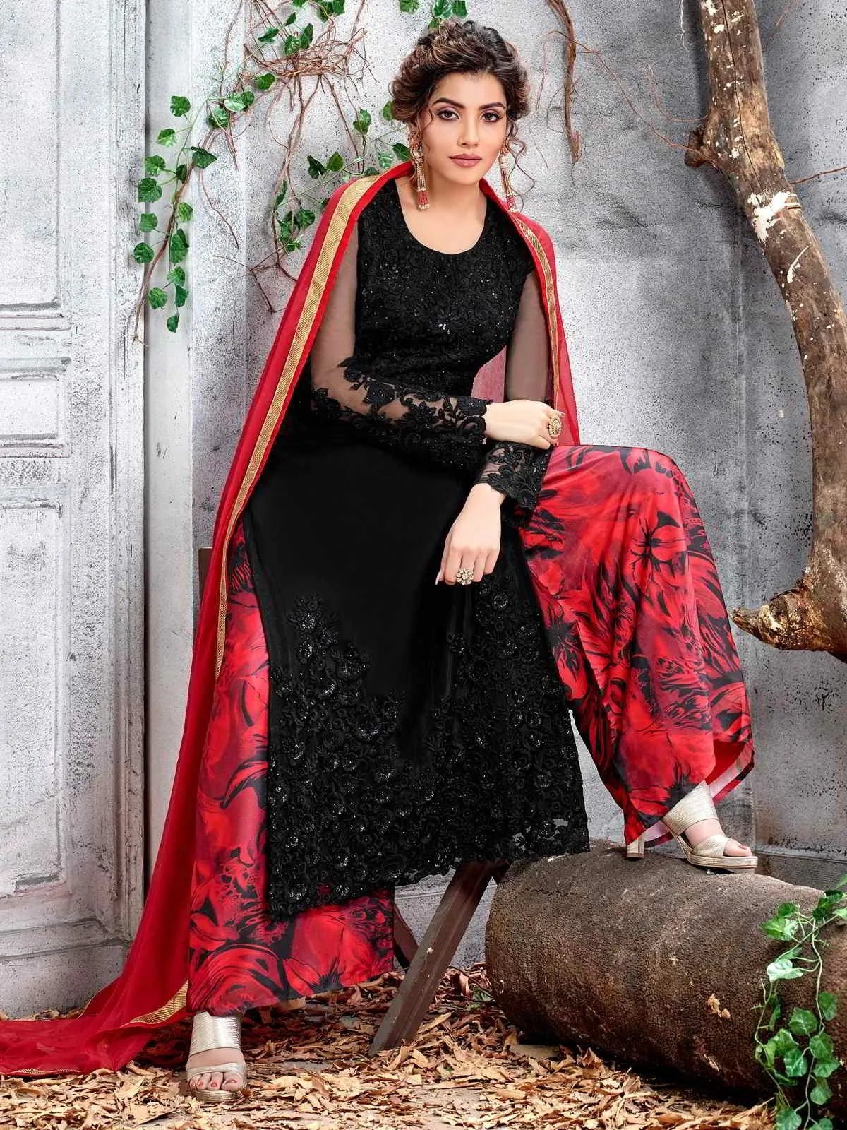 Black And Red Multi Embroidered Designer Pakistani Palazzo Suit