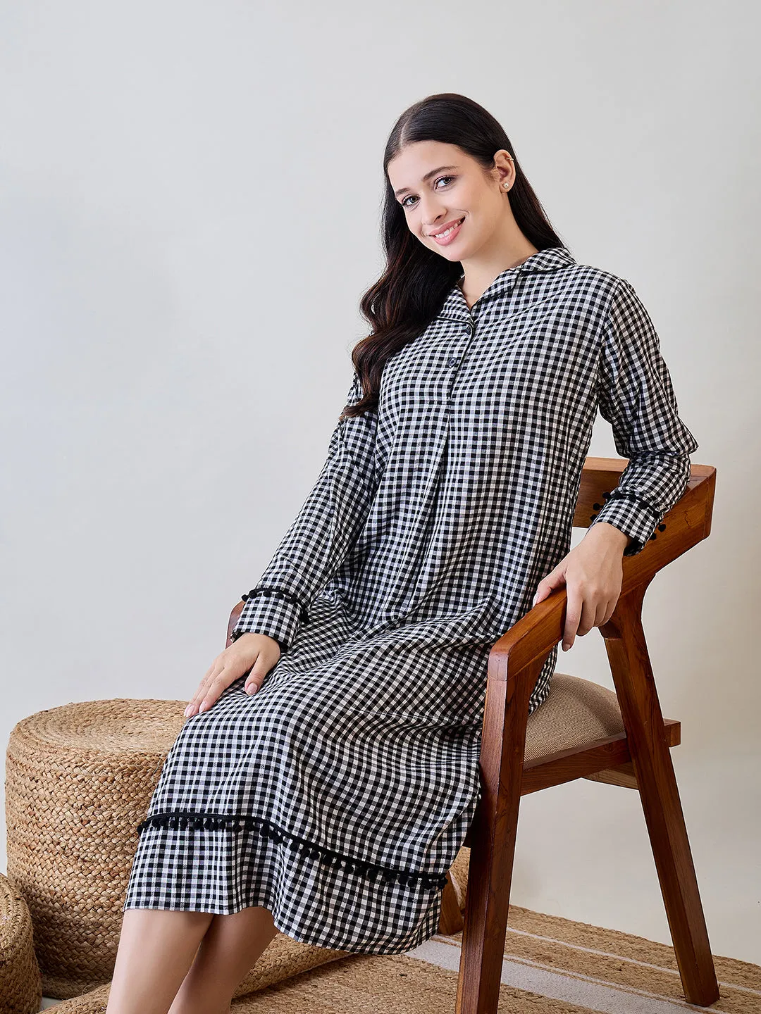 Black and White Gingham Cotton Sleep Shirt