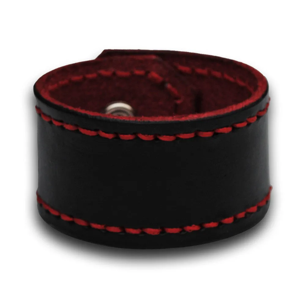 Black Leather Cuff Wristband with Red Stitching and Snap