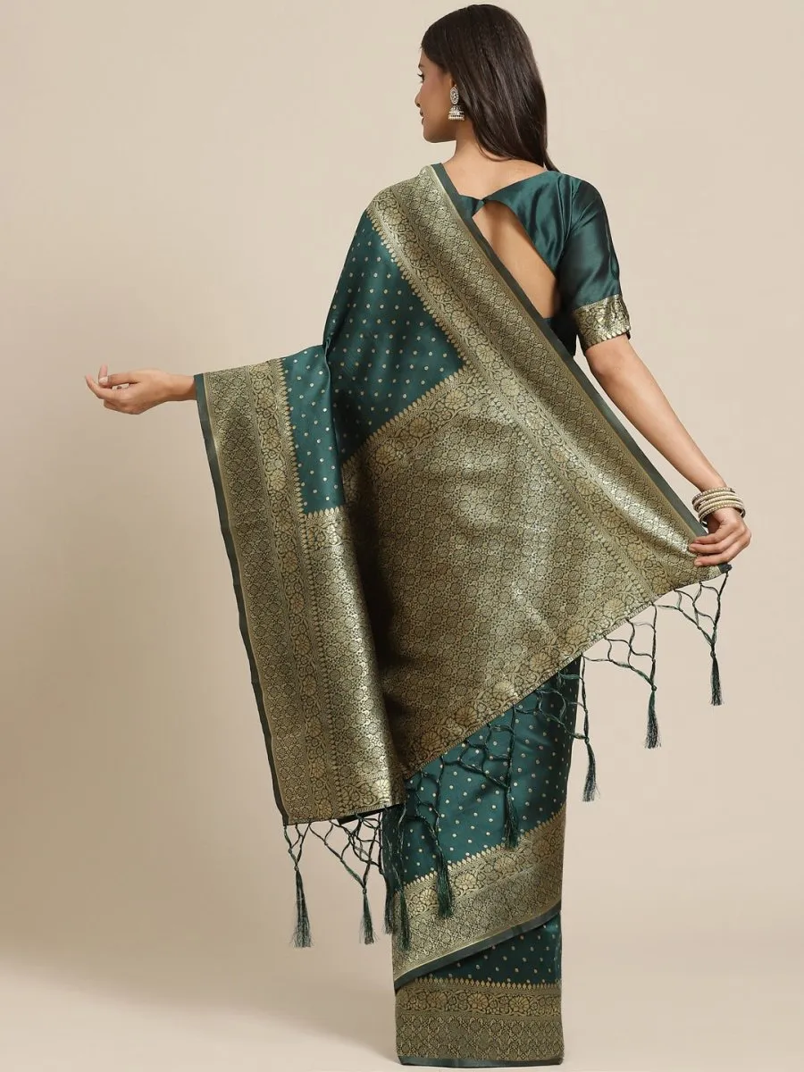 Bottle Green Polka Dot Zari Woven Banarasi Saree