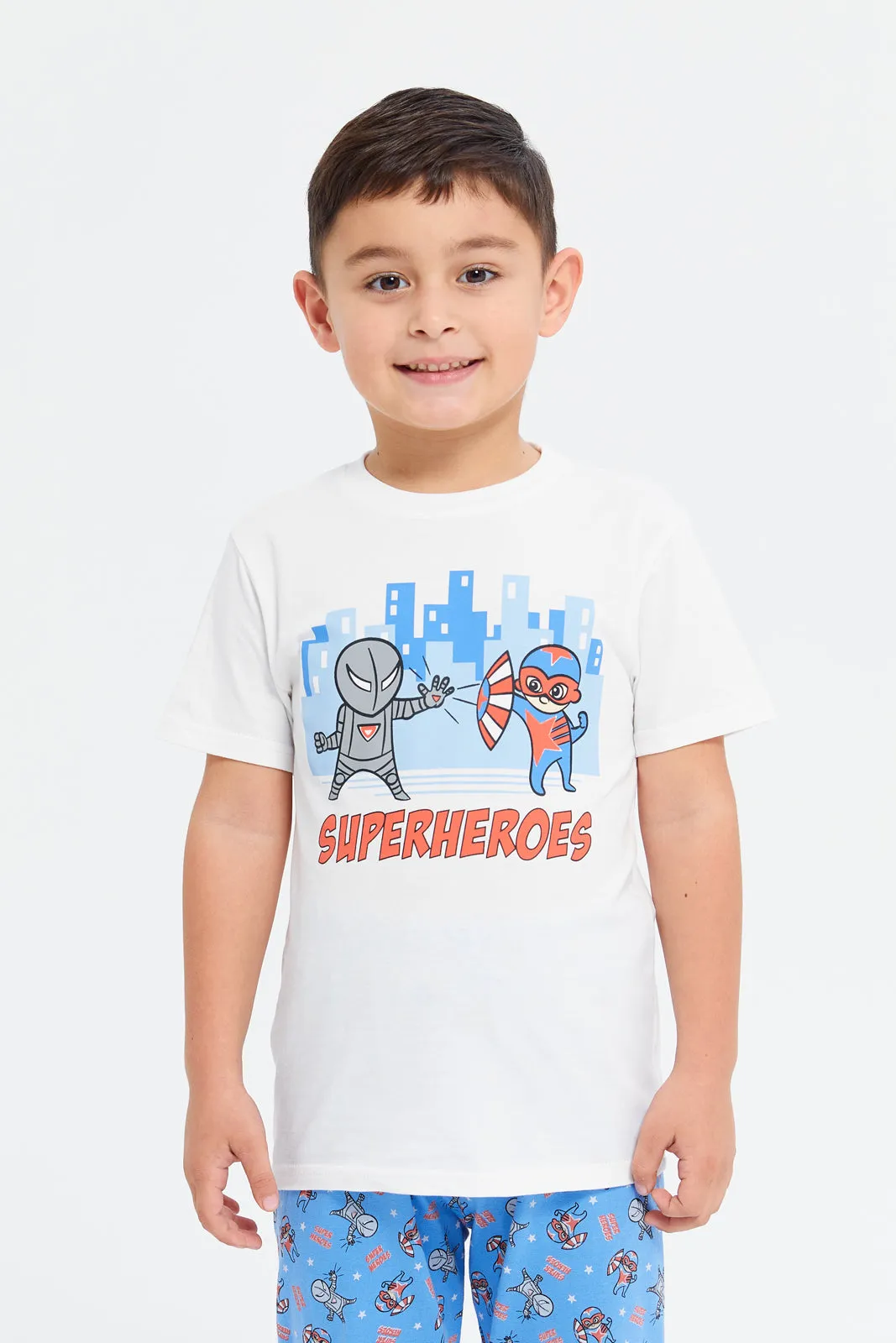 Boys Grey Superhero Print Short Sleeve T-Shirt Pyjama Set (2 Piece)