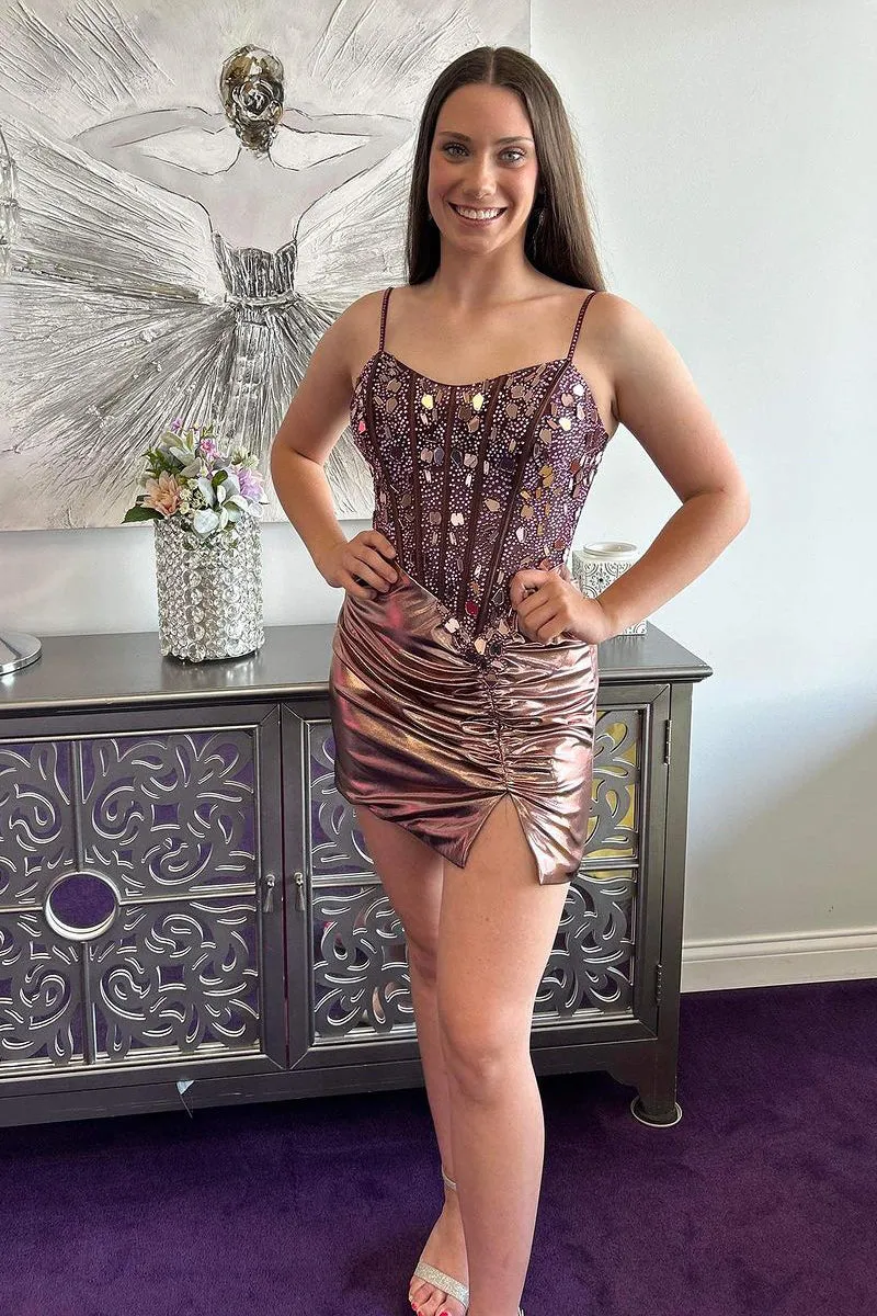 Brown Sweetheart Beaded Bodycon Short Homecoming Dresses with Slit VK24062101