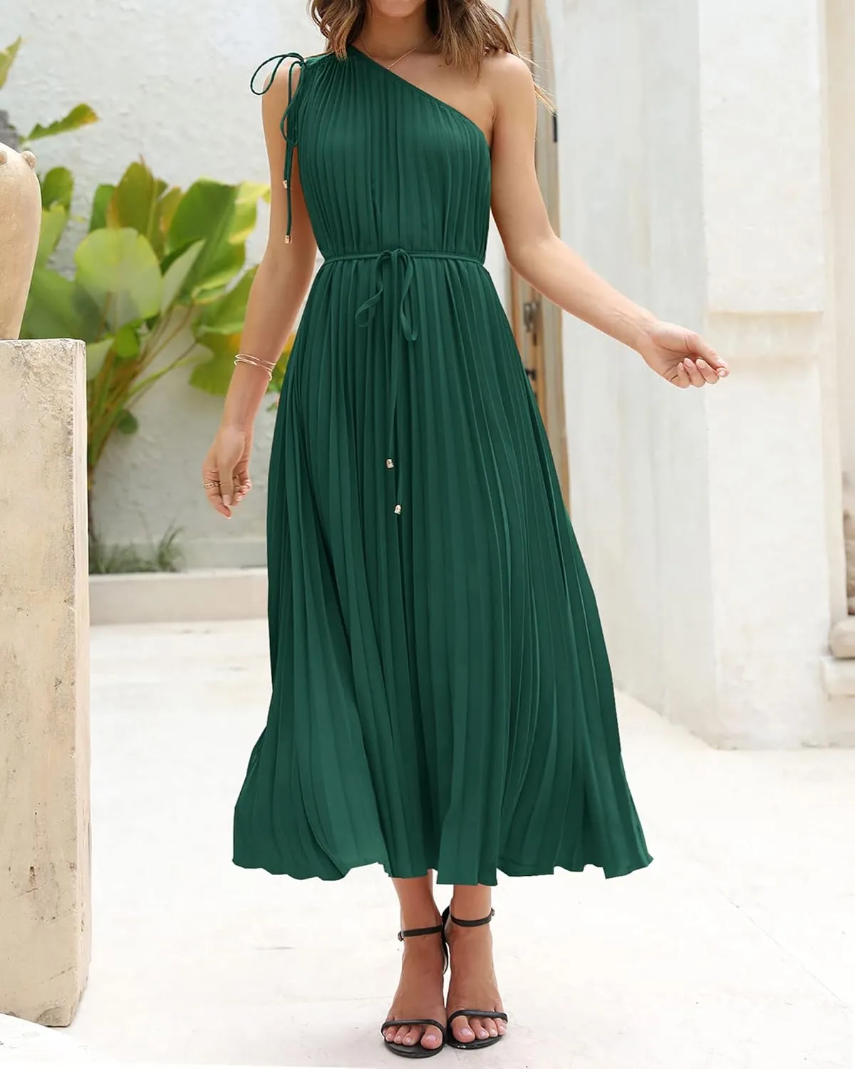BTFBM Women's Drawstring One Shoulder Maxi Dresses Summer Sleeveless Tie Waist Pleated Long Flowy Party Cocktail Dress