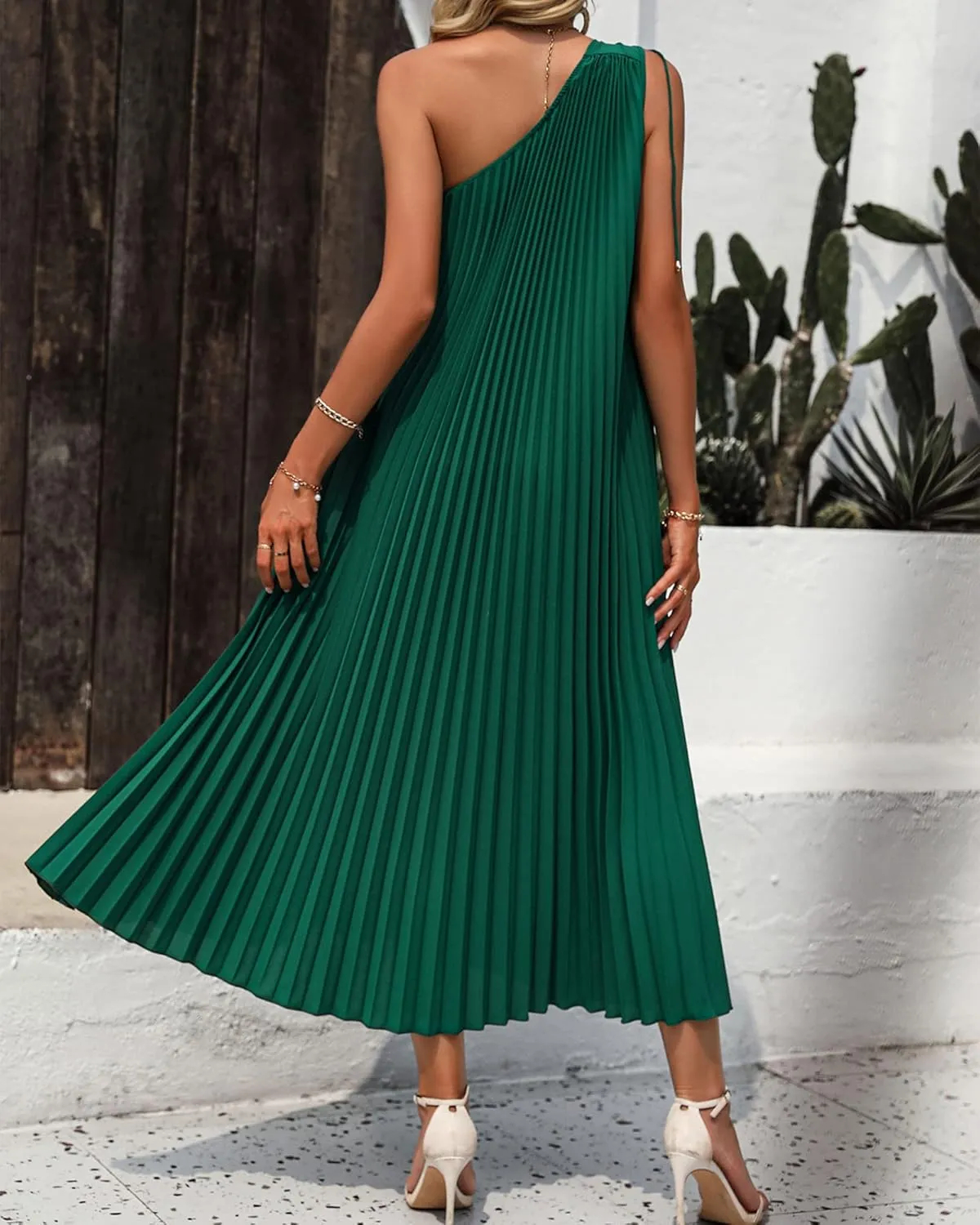 BTFBM Women's Drawstring One Shoulder Maxi Dresses Summer Sleeveless Tie Waist Pleated Long Flowy Party Cocktail Dress
