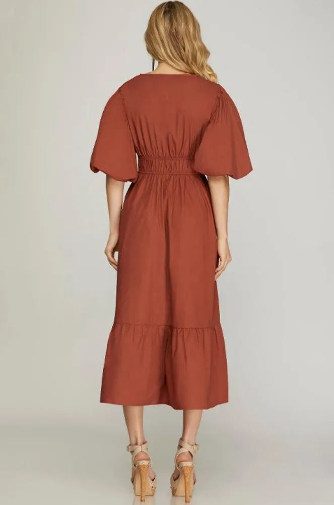 Bubble Sleeve Midi Dress in Cinnamon by She   Sky