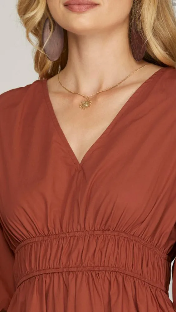 Bubble Sleeve Midi Dress in Cinnamon by She   Sky