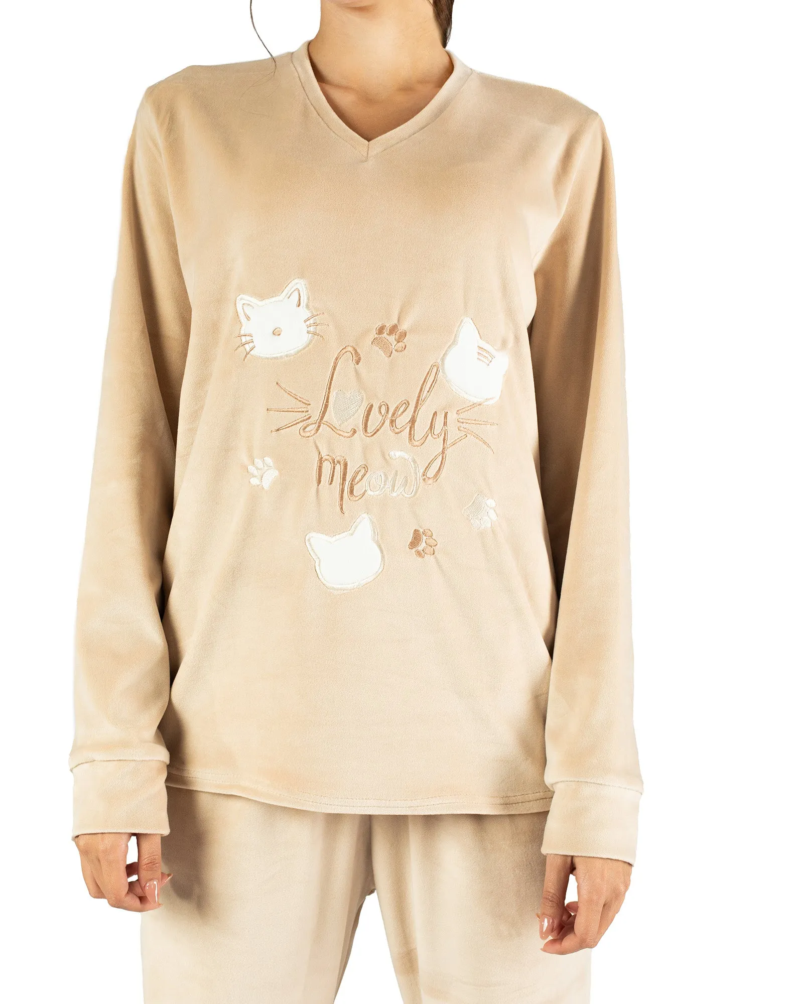 Cozy Lovely Meow Printed Sleepwear Set with Plain Long Pants