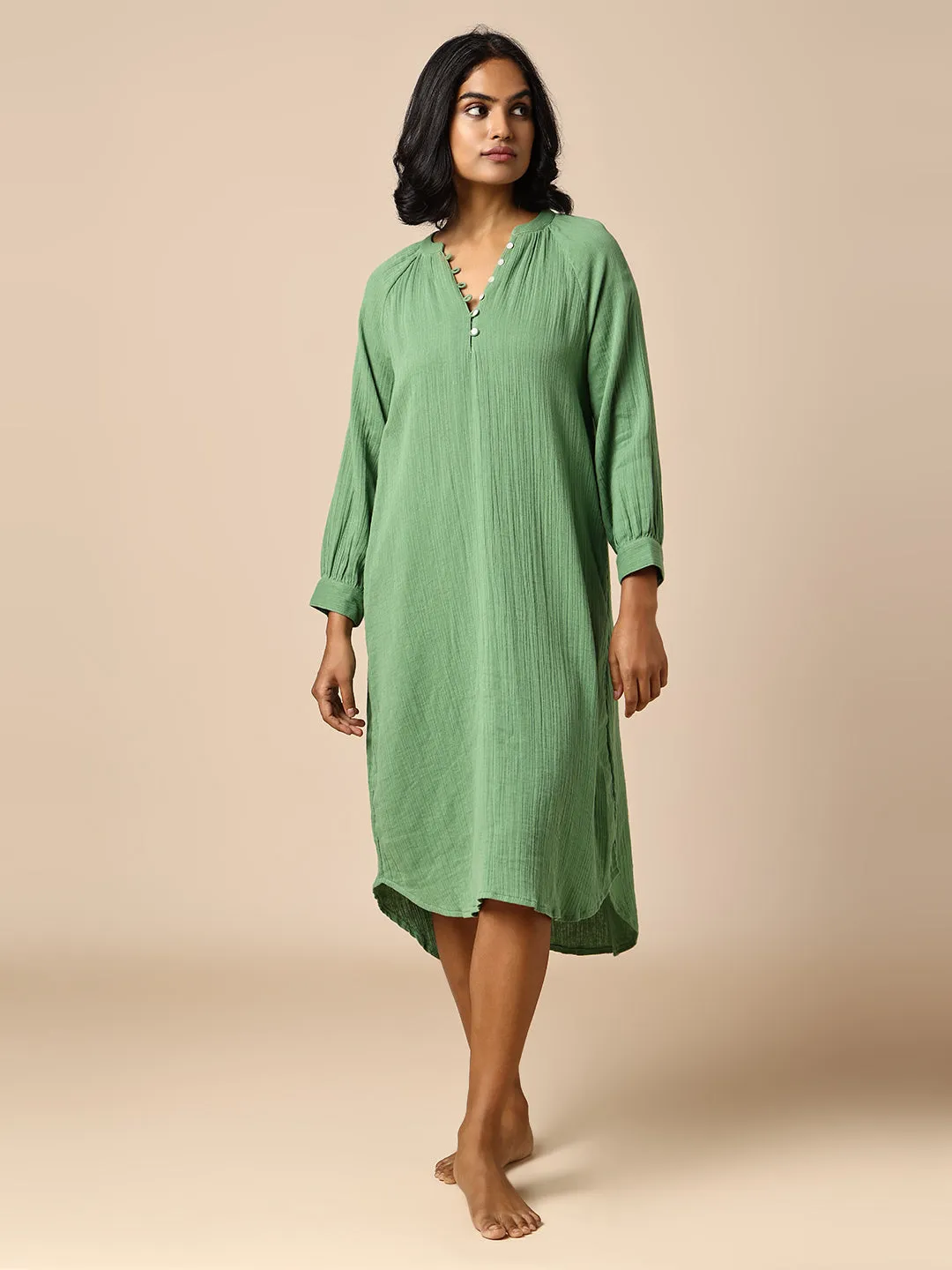CRINKLE DOUBLE COTTON CREPE LOUNGE DRESS