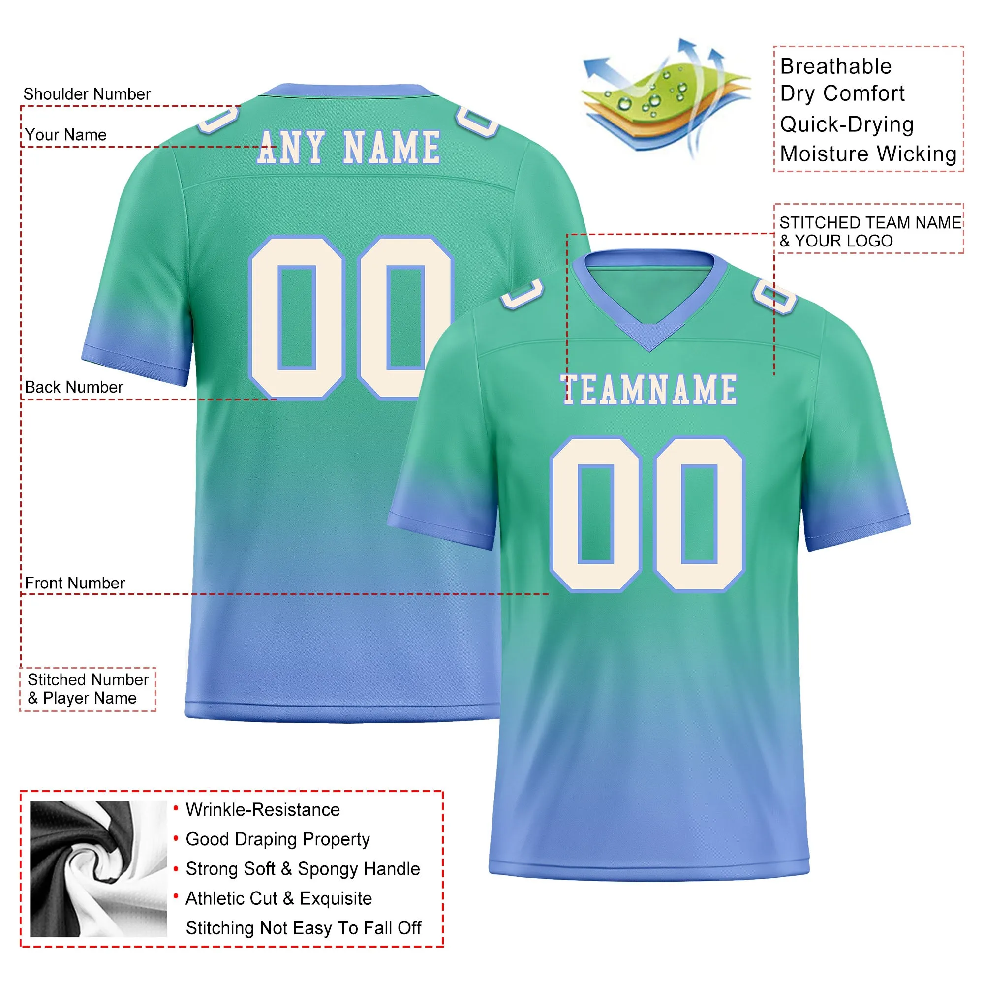 Custom Mint Green Blue Fade Fashion Personalized Authentic Football Jersey FBJ02-D06105
