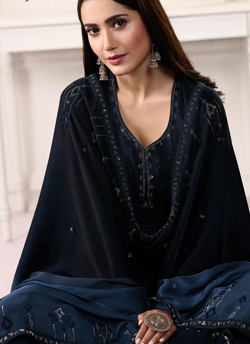 Dark Blue Embroidered Salwar Kameez Suit