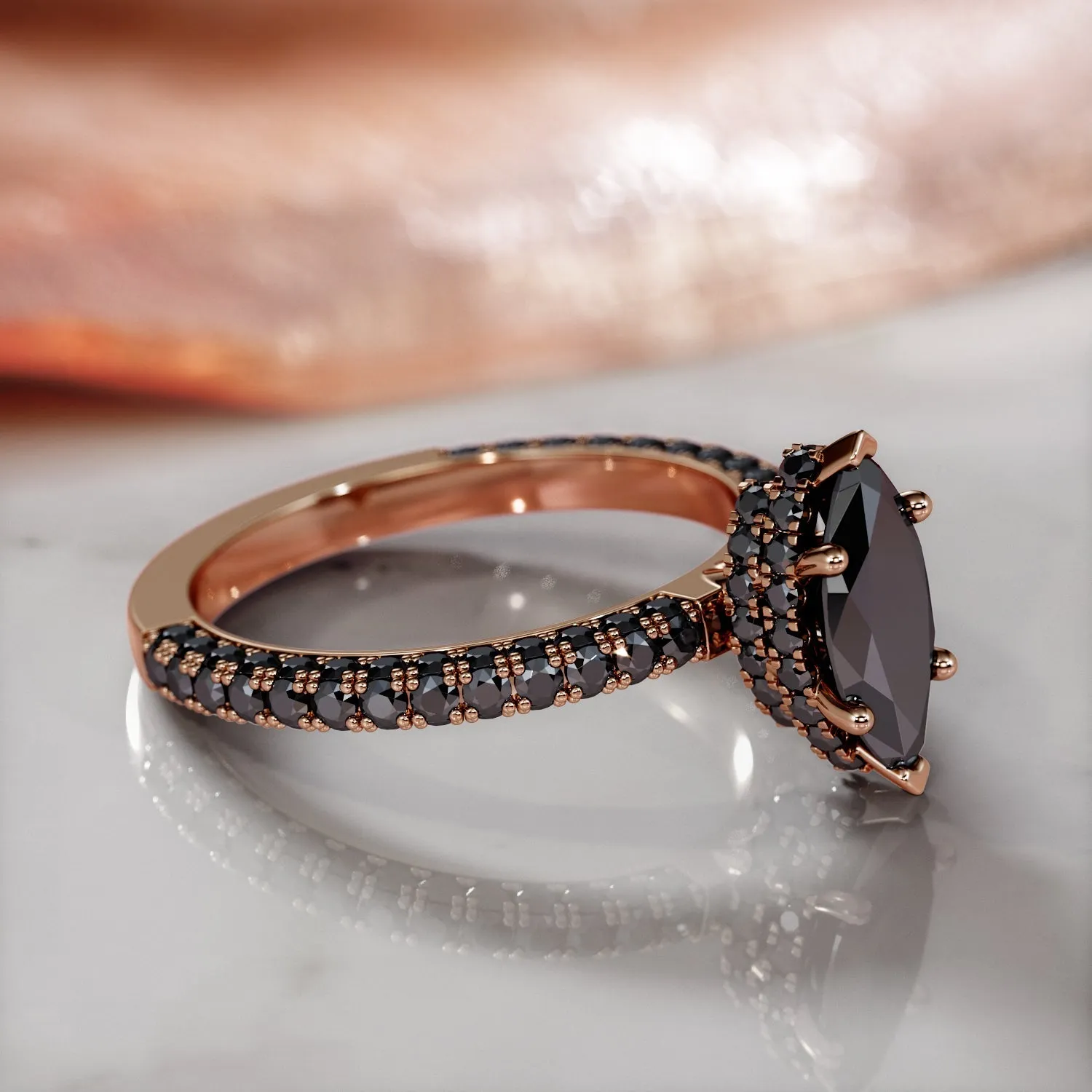 Dark Starlight - Black Diamond  Natural Black Diamond Marquise Engagement Ring in Rose Gold