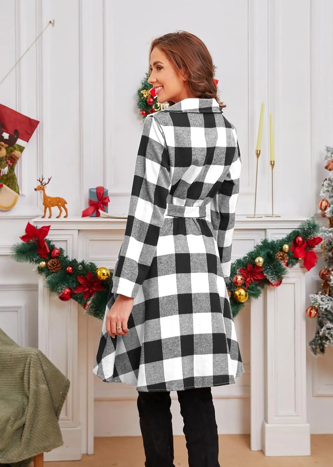 FANCYINN Women Long Sleeve Plaid Pattern Tunic Tops Shirt Casual Dress