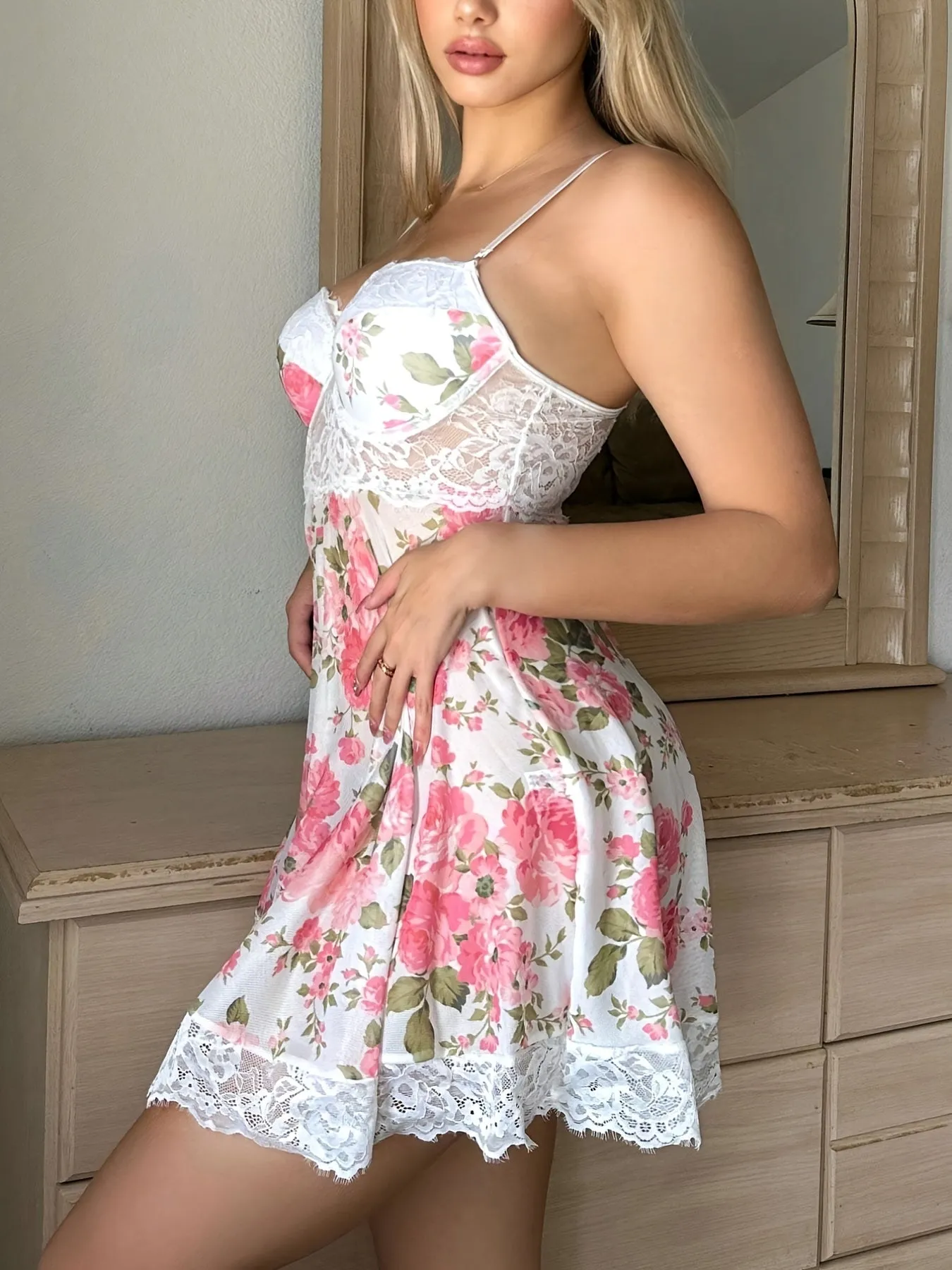Floral Print Nightdress, Contrast Lace V Neck Slip Sleep Dress, Women's Sleepwear & Dresses