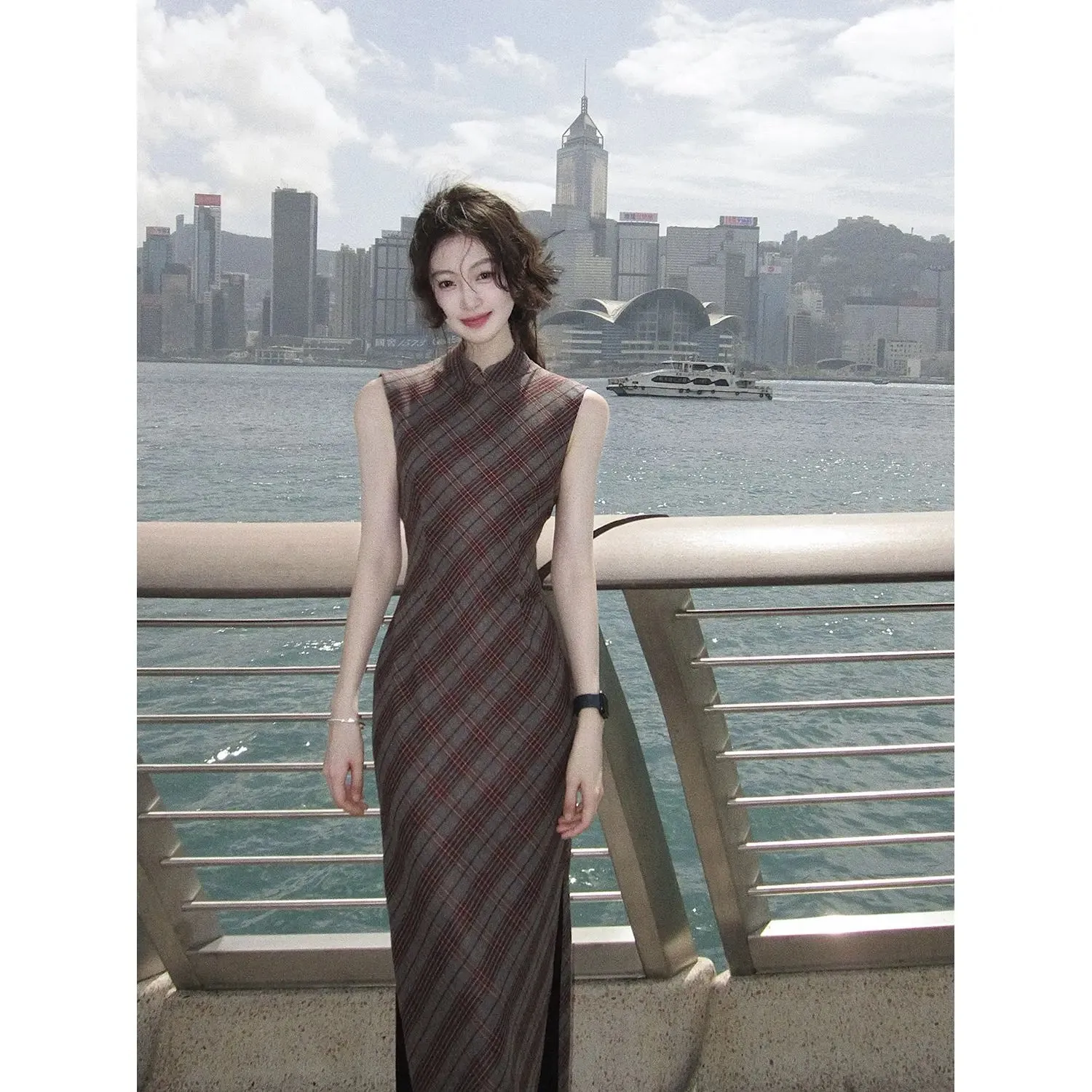 Girlary Diagonal cut plaid retro senior sense temperament long cheongsam dress female spring