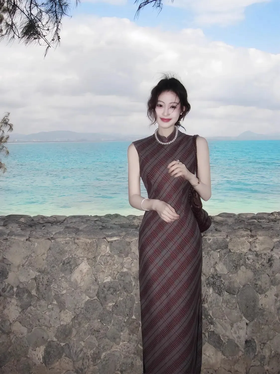 Girlary Diagonal cut plaid retro senior sense temperament long cheongsam dress female spring