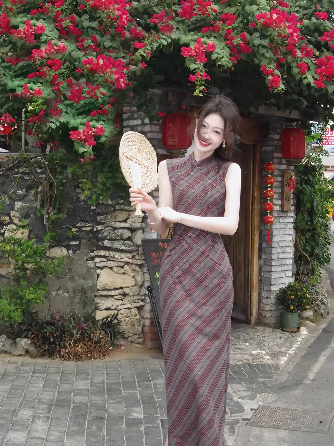 Girlary Diagonal cut plaid retro senior sense temperament long cheongsam dress female spring