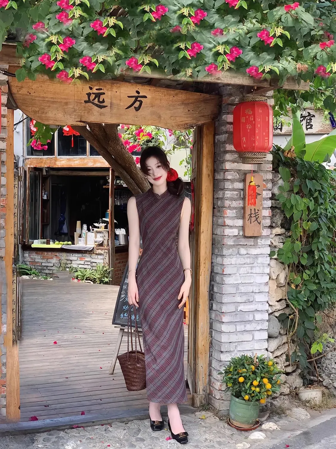 Girlary Diagonal cut plaid retro senior sense temperament long cheongsam dress female spring