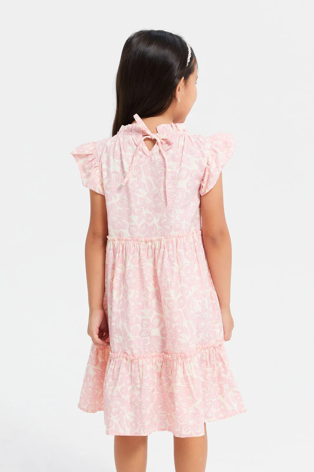 Girls Peach Floral Printed Tiered Dress