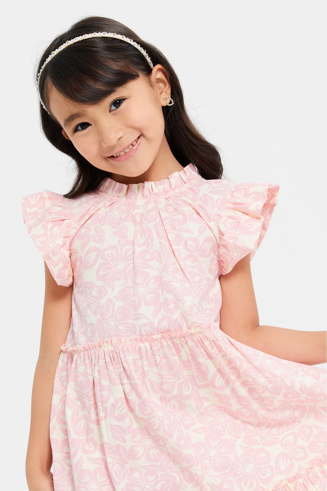Girls Peach Floral Printed Tiered Dress