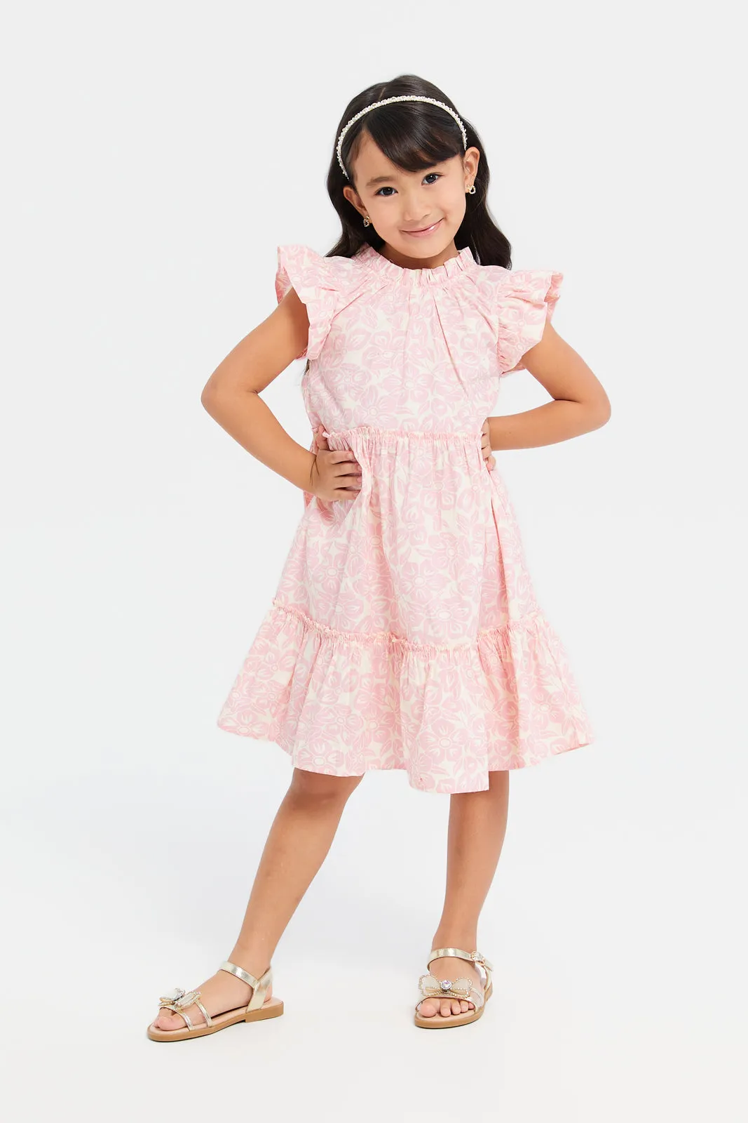 Girls Peach Floral Printed Tiered Dress