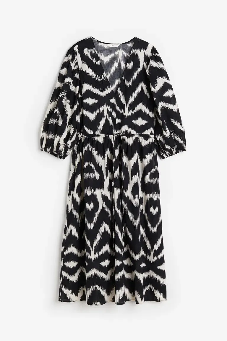 H&M cotton dress with puff sleeves, black/patterned