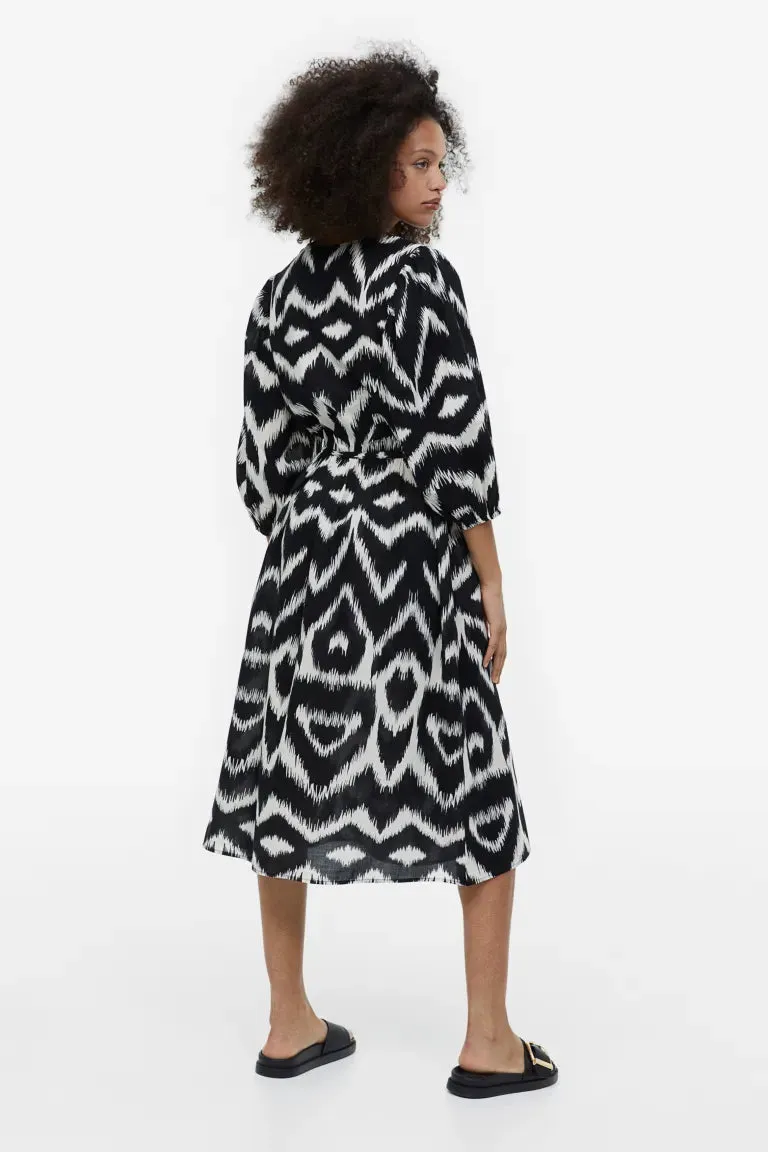 H&M cotton dress with puff sleeves, black/patterned