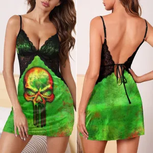 Holographic Skull Green Women's Back Lace Babydolls Nightgowns