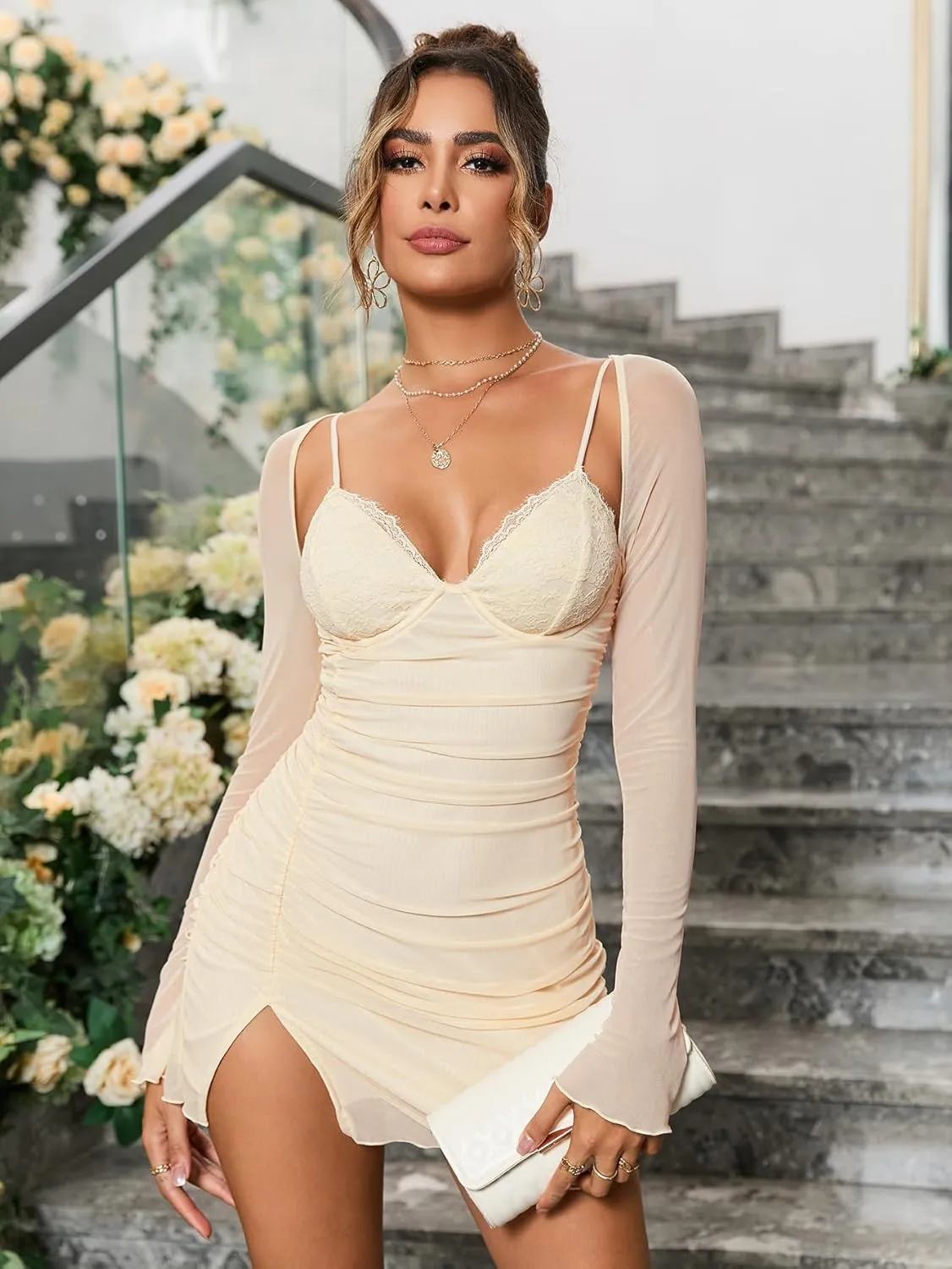 HTZMO Women Sexy Long Sleeve Mini Dress V Neck Bodycon Ruched Club Party Going Out Dresses