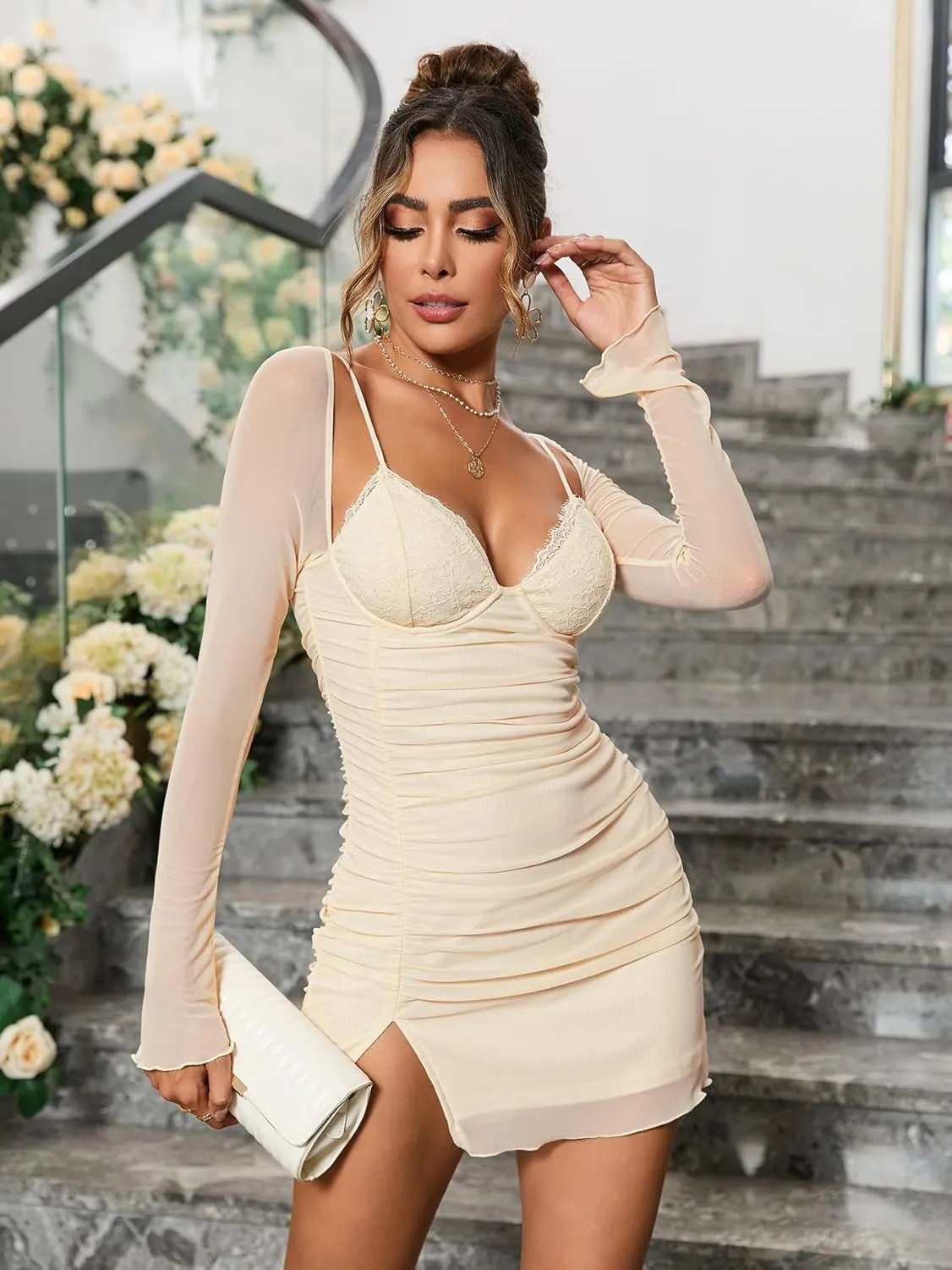HTZMO Women Sexy Long Sleeve Mini Dress V Neck Bodycon Ruched Club Party Going Out Dresses