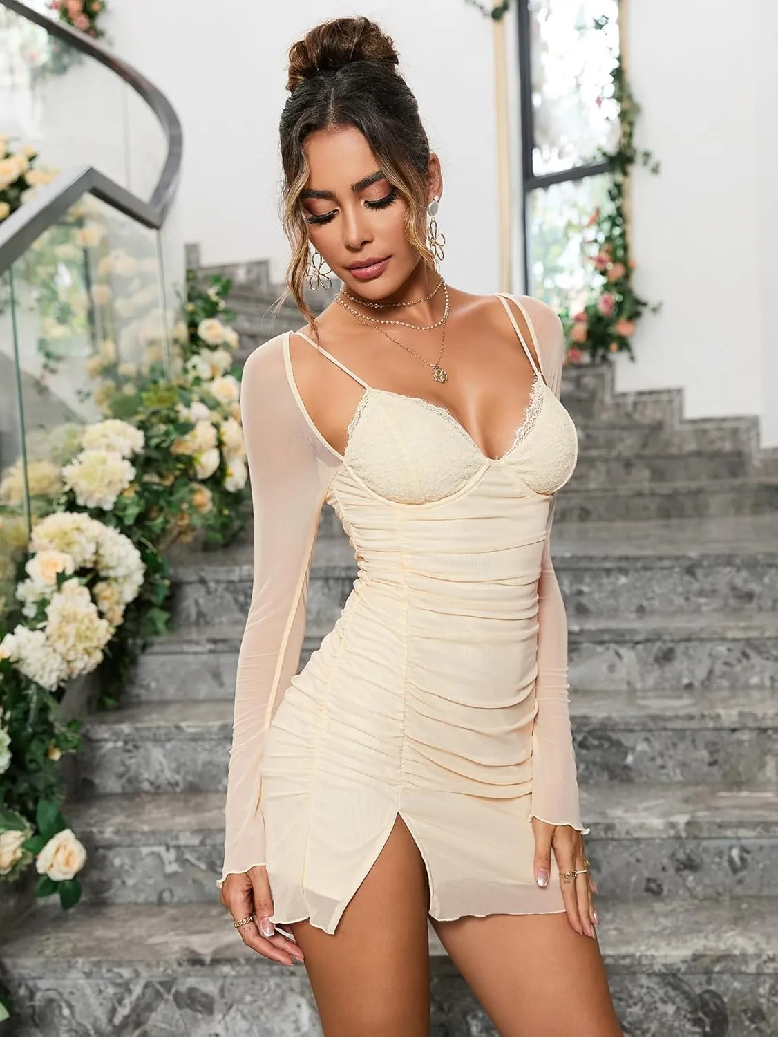 HTZMO Women Sexy Long Sleeve Mini Dress V Neck Bodycon Ruched Club Party Going Out Dresses