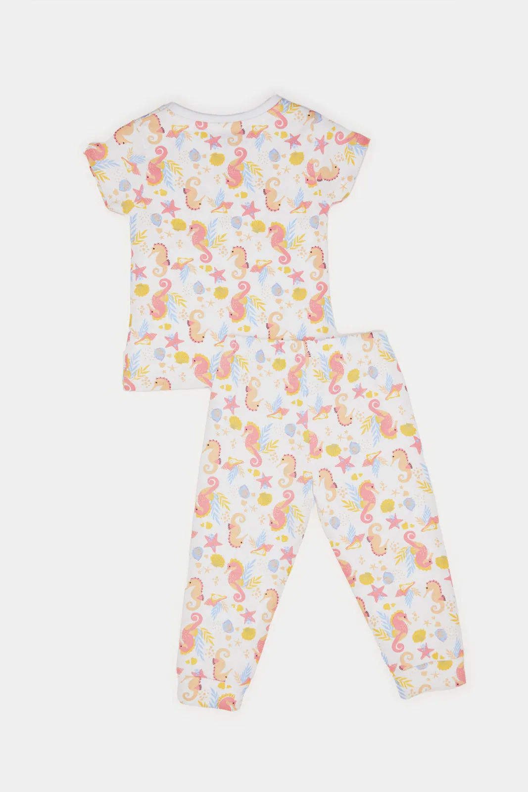 Infant Girls White Printed T-Shirt And Pants Pyjama Set (2 Piece)