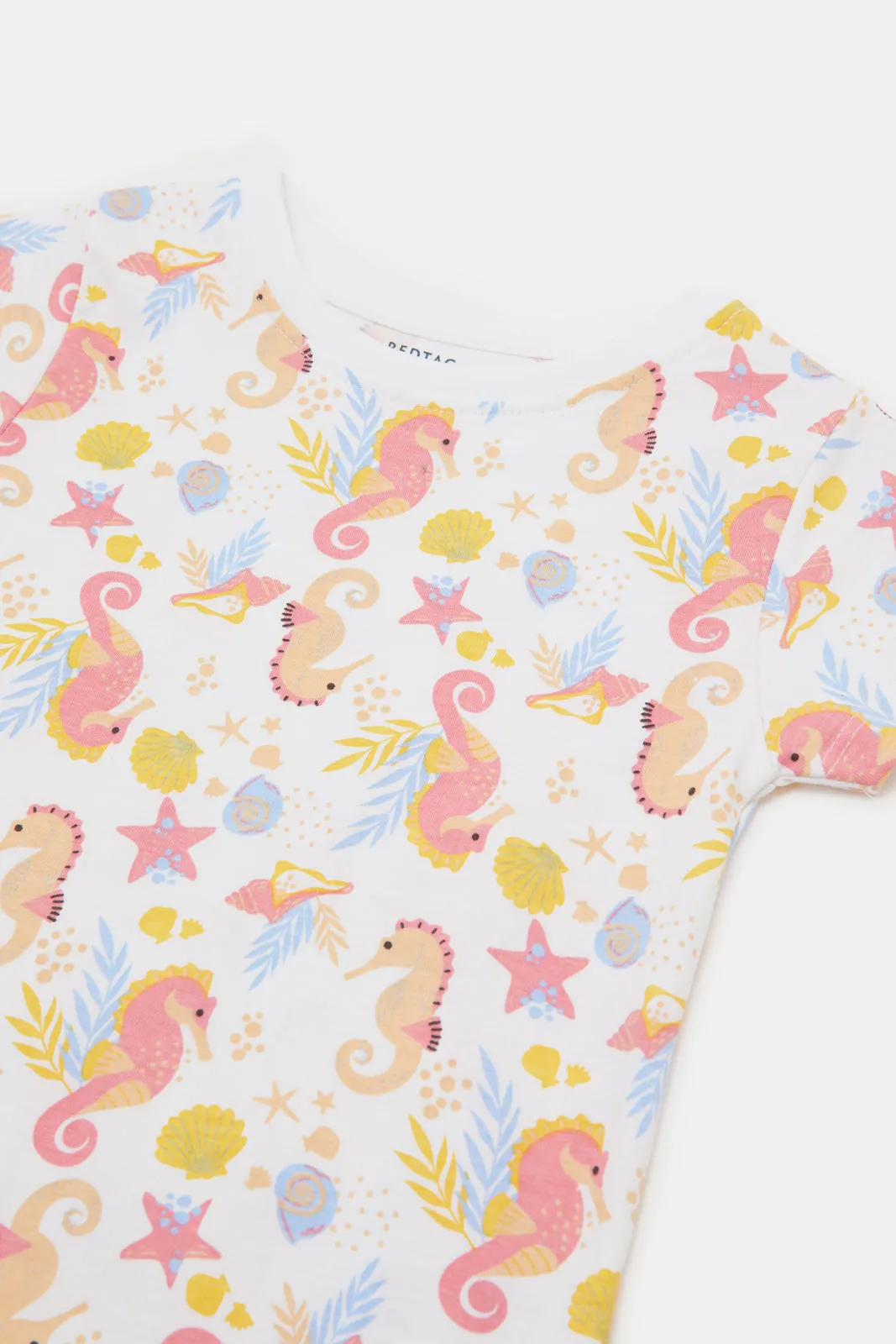 Infant Girls White Printed T-Shirt And Pants Pyjama Set (2 Piece)