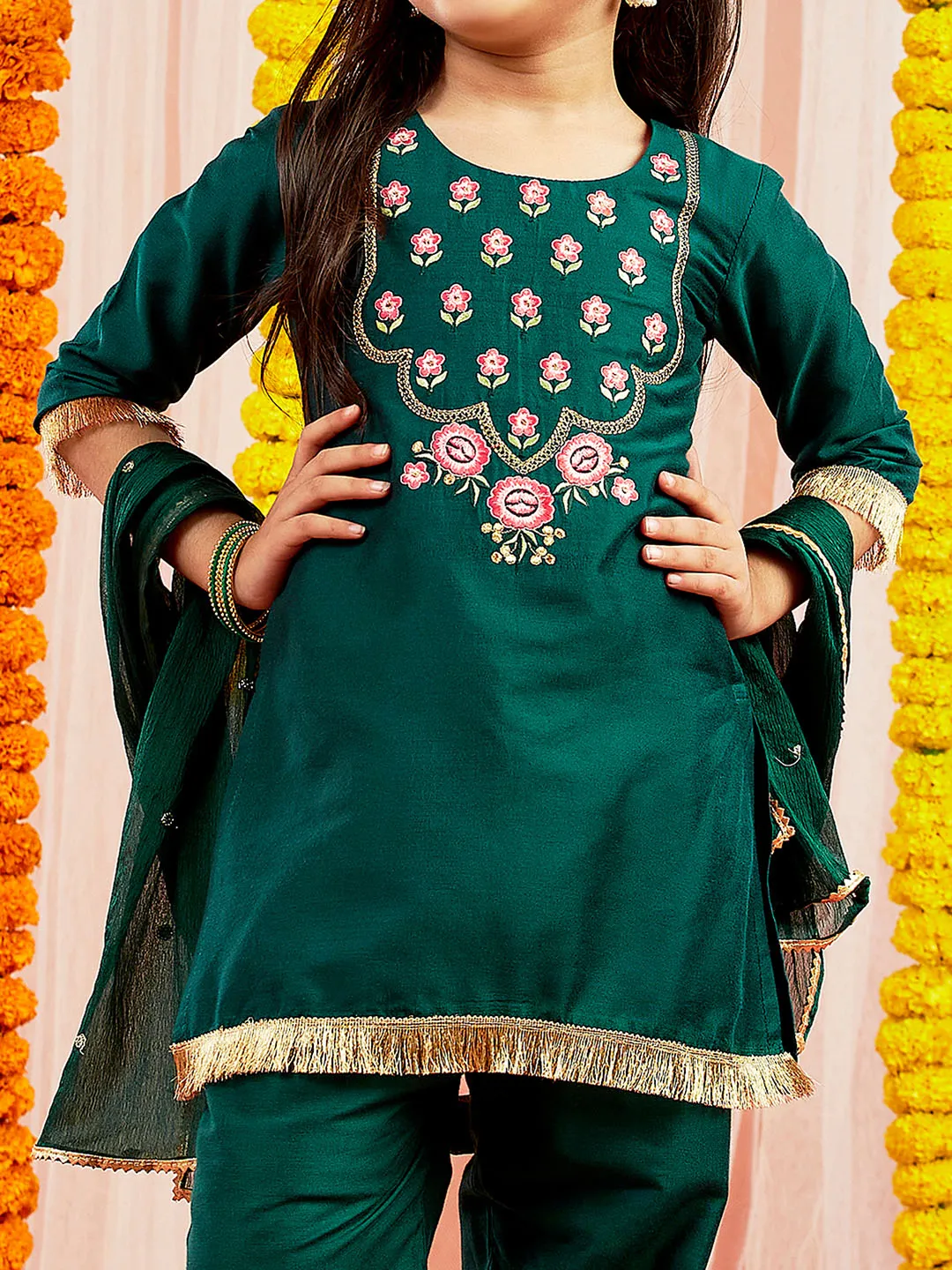 Jashvi Girls' Green Kurta Pyjama And Dupatta Set.