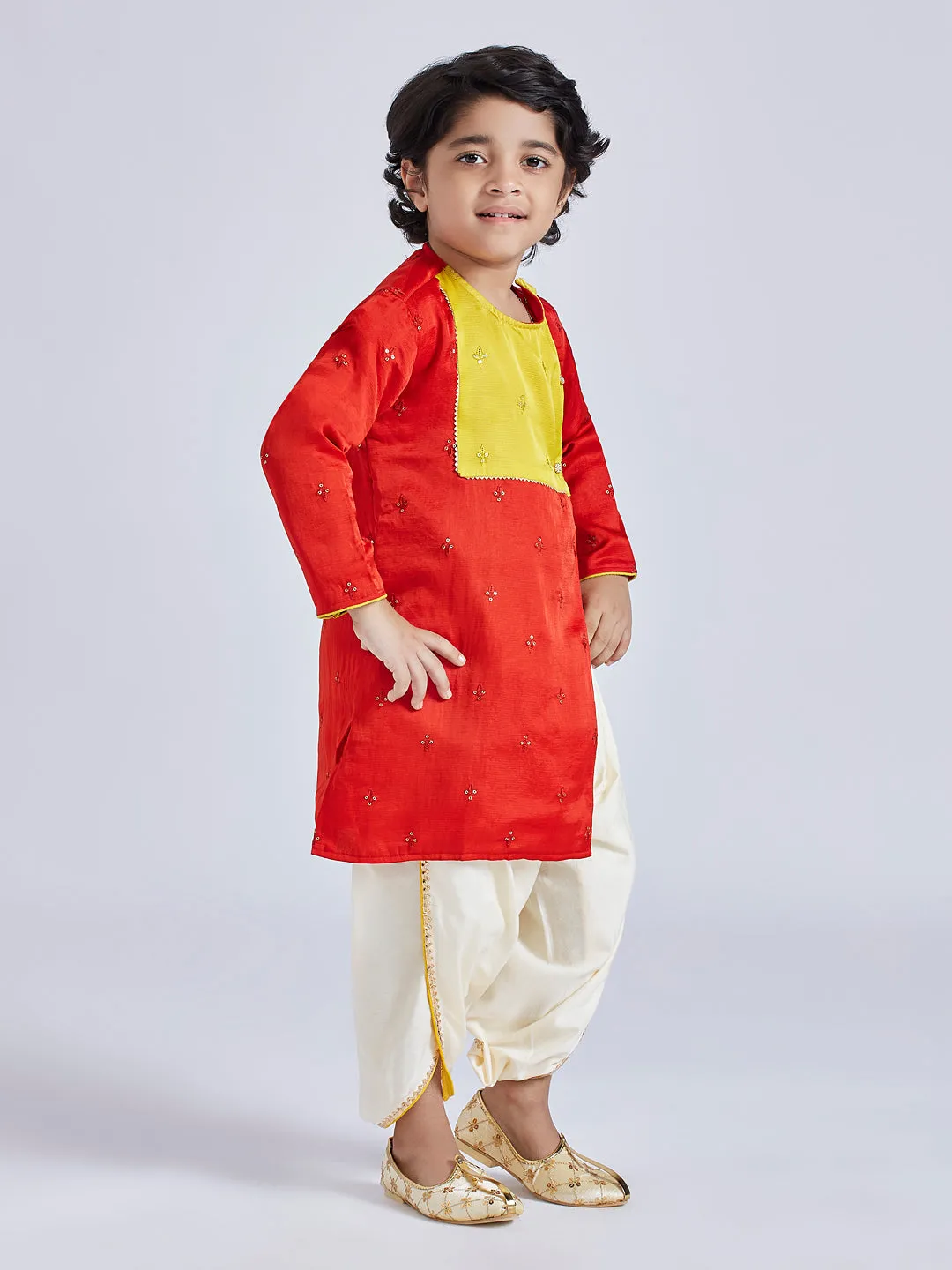 Jashvi Infant Boys' Red And Cream Silk Blend Kurta and Dhoti Set